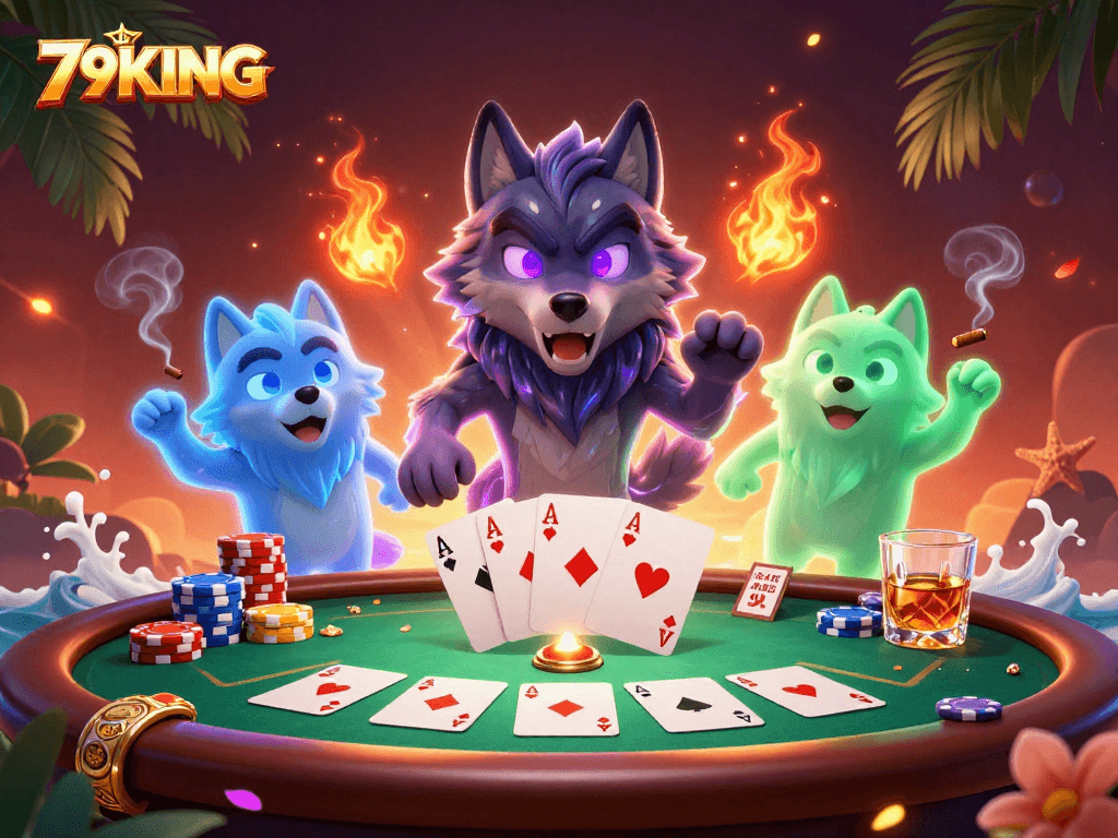 Experience thrilling poker action with 79KING's vibrant casino atmosphere and ghostly wolves