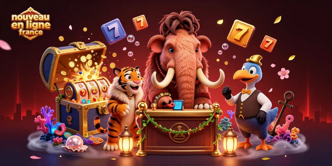 Illustration d'un nouveau casino en ligne en France avec un mammouth, un tigre, et un oiseau dans un décor riche en jeux et en trésors