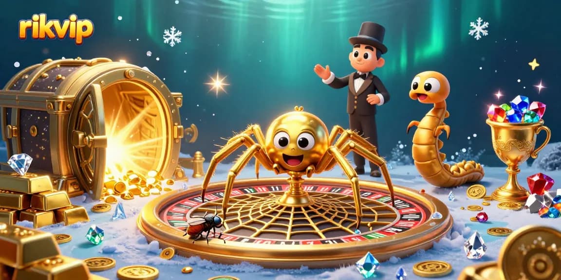 Experience excitement at rikvip with a golden spider and a centipede croupier amid dazzling casino elements.