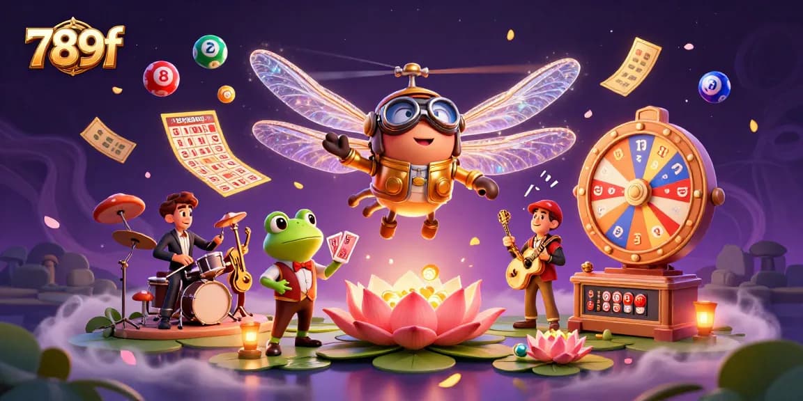 Engage in thrilling games at 789f as the dragonfly pilot oversees a bustling lily pad casino.
