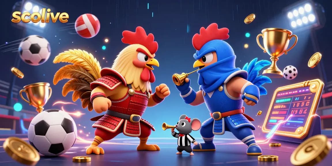 Socolive features a dynamic illustration of a standoff between cartoon fighting roosters in an energetic sports scene.