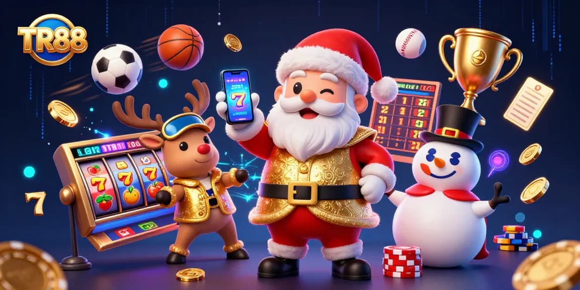 Experience TR88’s thrilling slots with Santa, reindeer, and snowman in a festive casino scene.