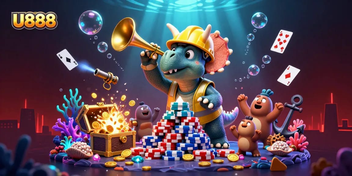 Engage in exciting gameplay at U888 with vibrant underwater themes and whimsical characters celebrating achievements.