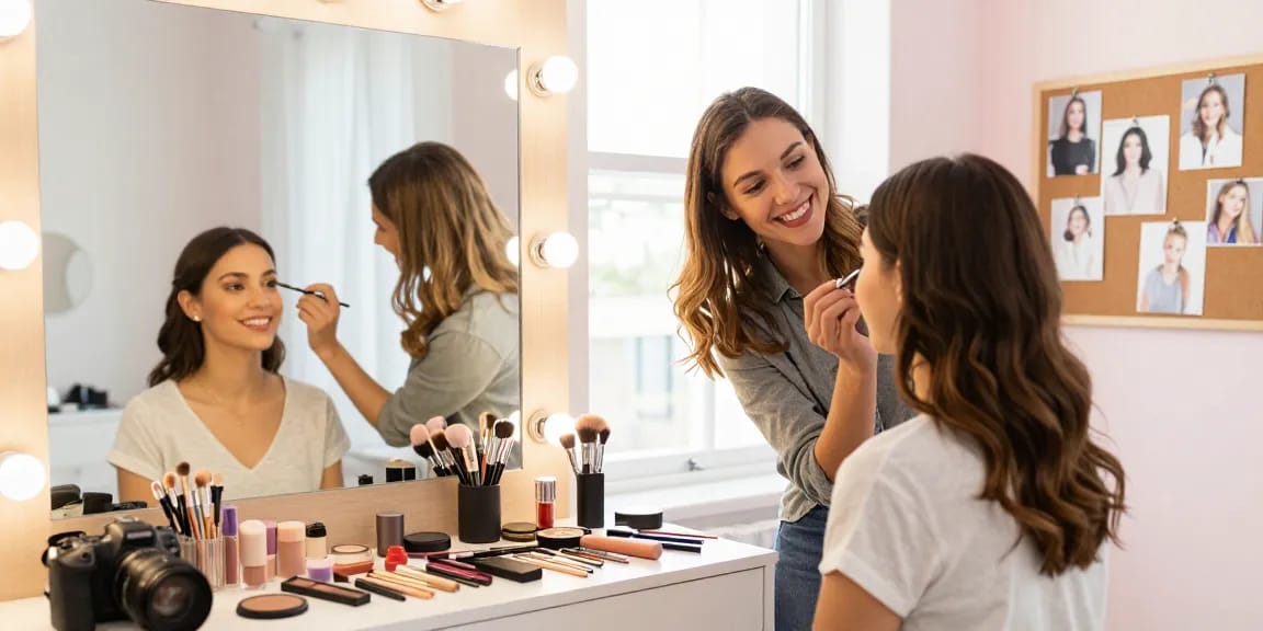 Trucco personalizzato applicato da una truccatrice esperta su giovane cliente sorridente in studio luminoso.