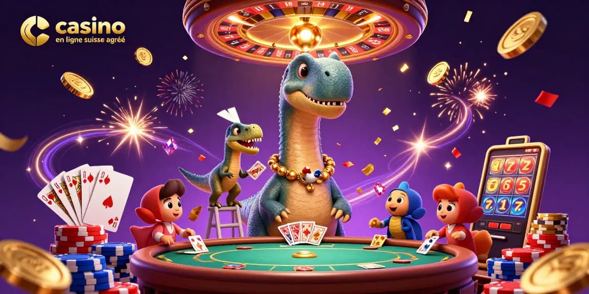 Le casino en ligne suisse agréé révèle une scène festive, avec un brontosaurus accueillant des jeux et de la chance.
