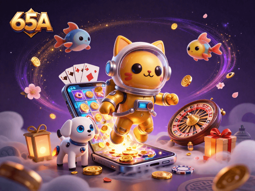 O 65A apresenta um gato astronauta em um cassino espacial vibrante com elementos de jogos de azar.