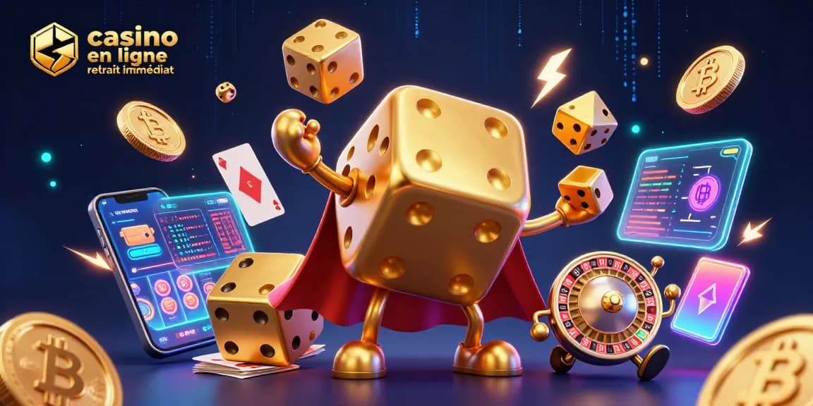 Profitez de l'expérience du casino en ligne retrait immédiat avec une illustration dynamique de dés dorés et éléments de jeu.
