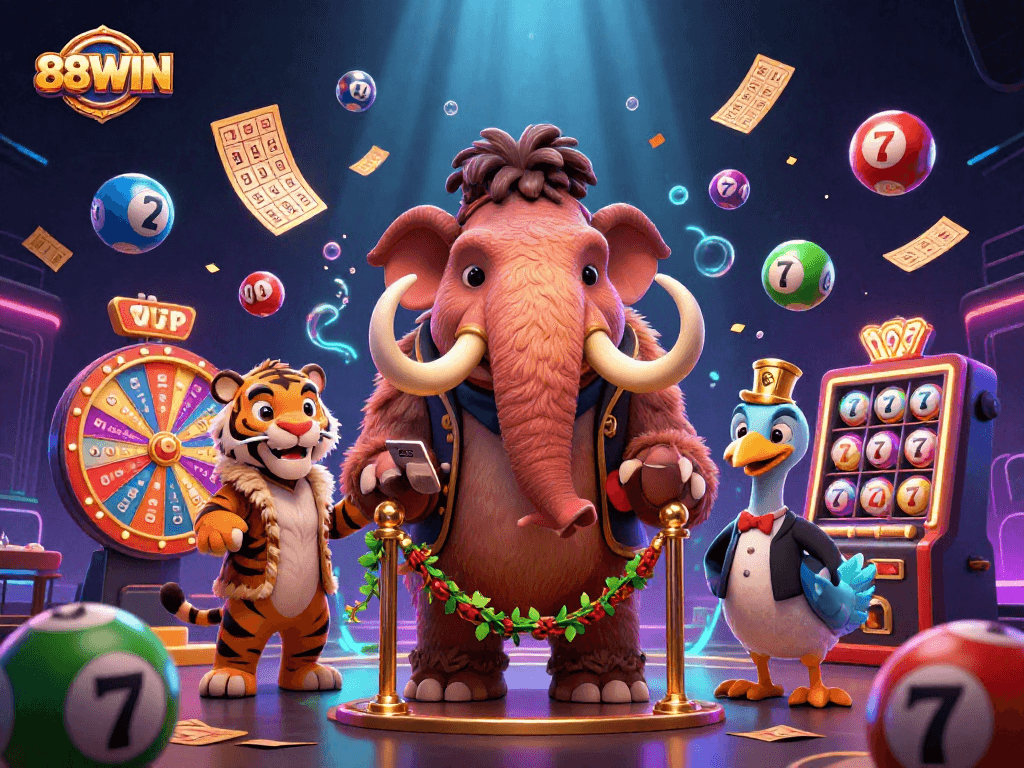 Experience the vibrant energy of 88WIN with a dynamic illustration of a casino bouncer, VIPs, and colorful gaming elements.