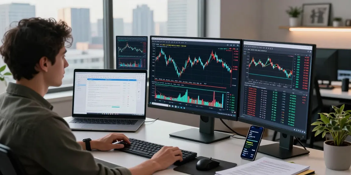 Engaging workspace showcasing EURUSD live data feed on monitors and trading analysis tools