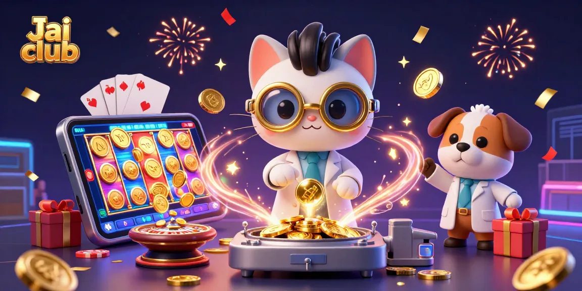 Engage with Jai club's vibrant gaming scene featuring a mad scientist cat and loyal dog in an extraordinary lab.