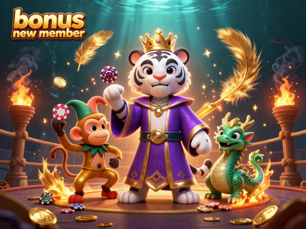 Experience the excitement of a bonus new member offer in this rich casino-themed illustration featuring iconic characters and dynamic elements.
