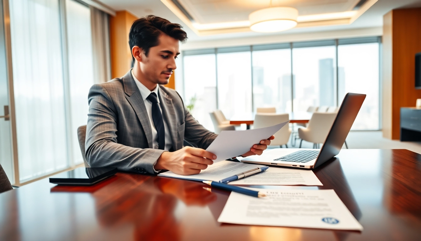 Focused professional consultant providing escrow services in a modern office environment.