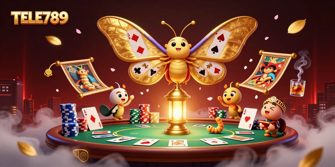 Engage with TELE789 for thrilling casino adventures, featuring 3D moths and gold gaming elements.