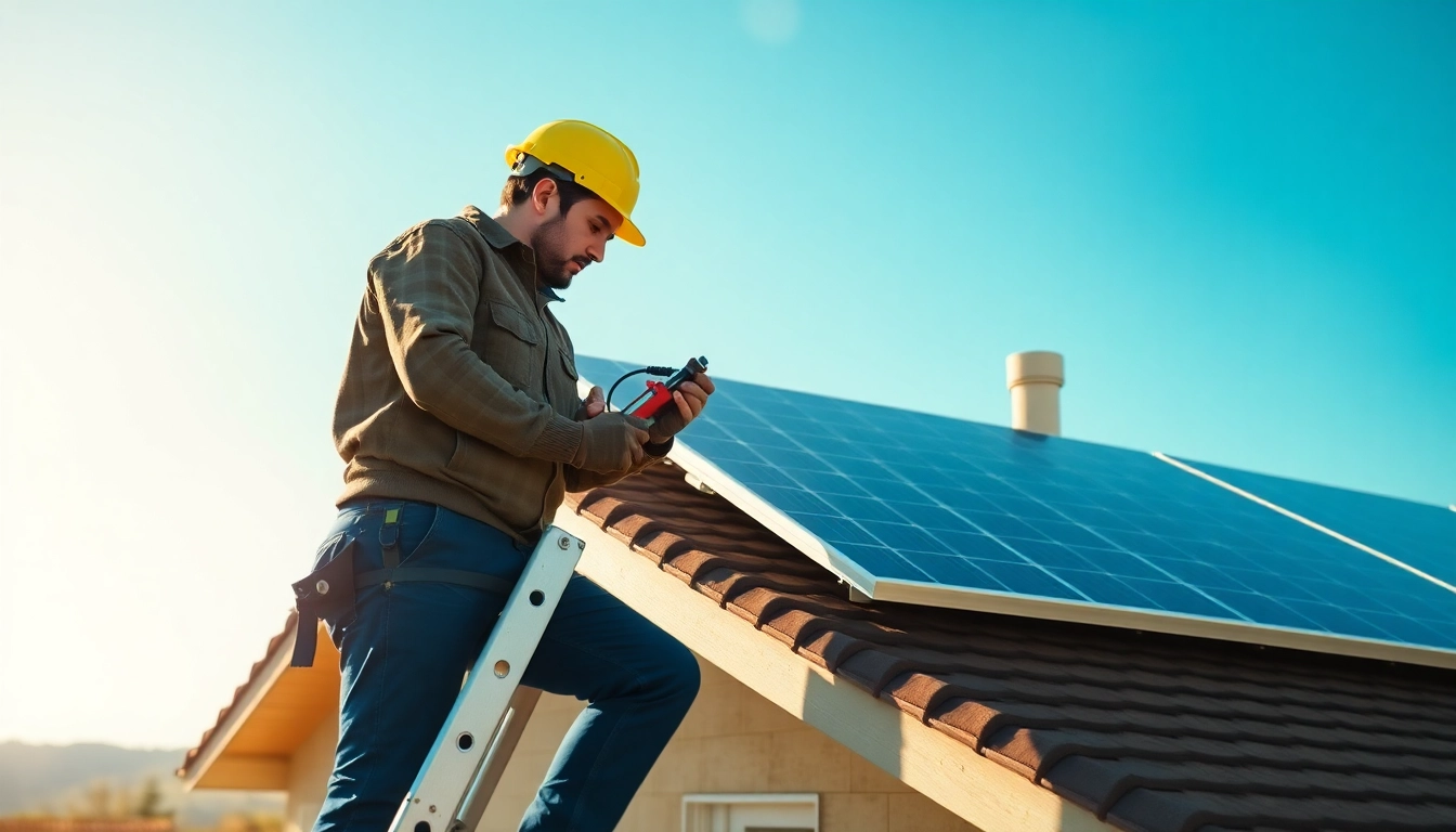 Solar system repair technician performing maintenance on solar panels, ensuring optimal efficiency and safety.
