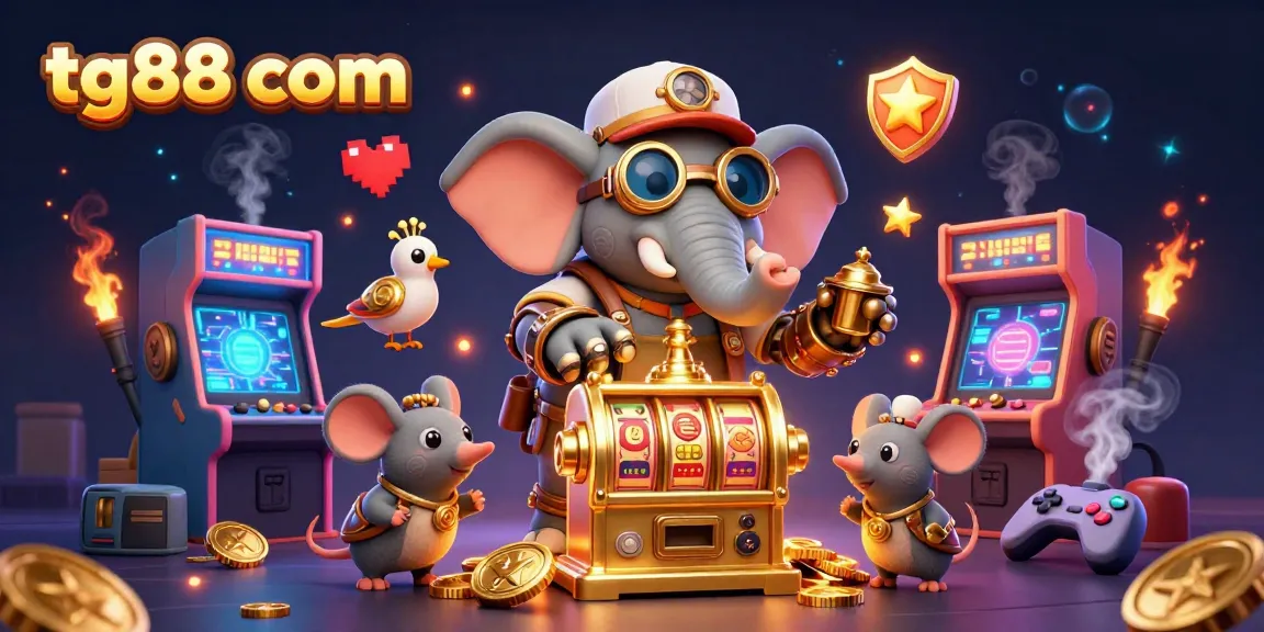 Engage with tg88 com's vibrant casino adventure featuring a steampunk elephant operating a slot machine amidst colorful gaming elements.