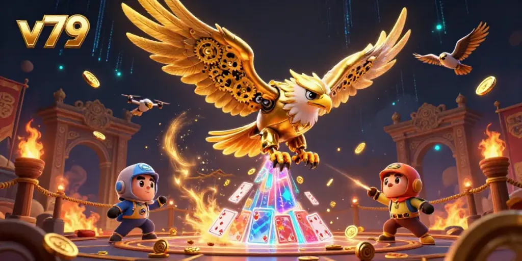 Experience excitement at v79 with a cybernetic eagle amidst vibrant holographic cards.
