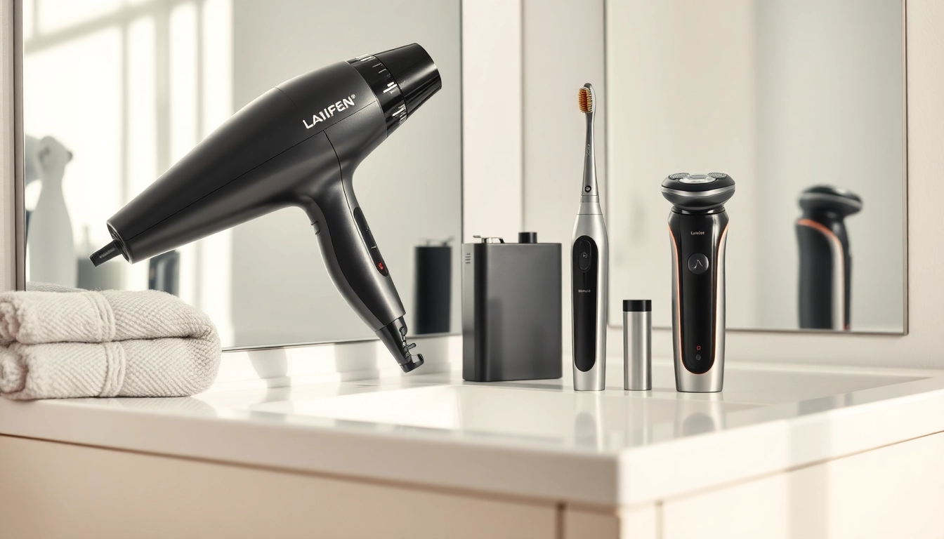 Showcasing Laifen US high-speed hair dryer alongside electric toothbrush and shaver on a modern vanity.