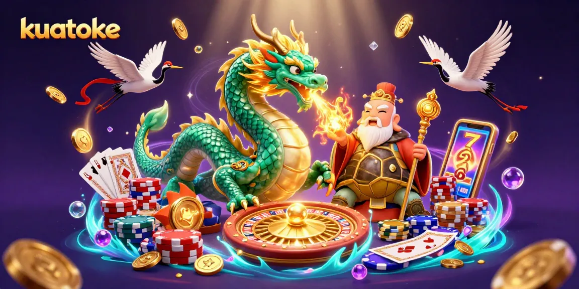 Experience the joy of kuatoke casino games with fiery dragon and sage in a vibrant 3D illustration.