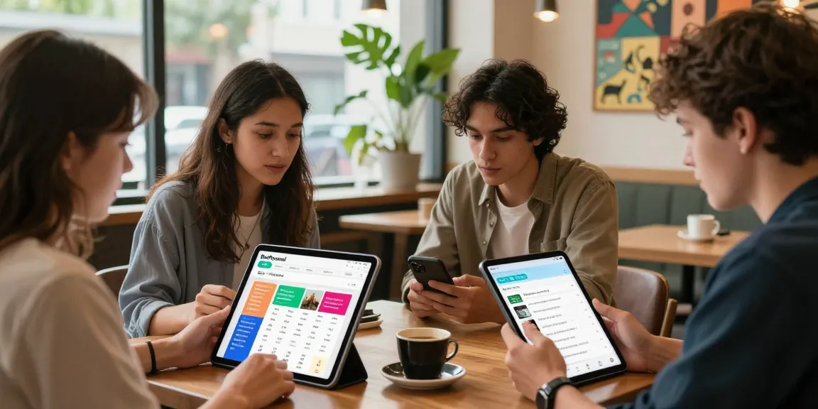 Users engaging with BedPersonal, a trusted local classifieds platform showcasing diverse ads in a vibrant coffee shop.