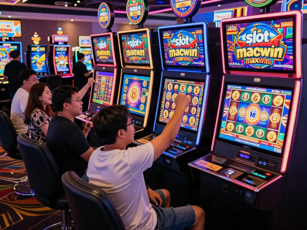 Excited players enjoying the 'slot gacor maxwin' experience in a lively casino.