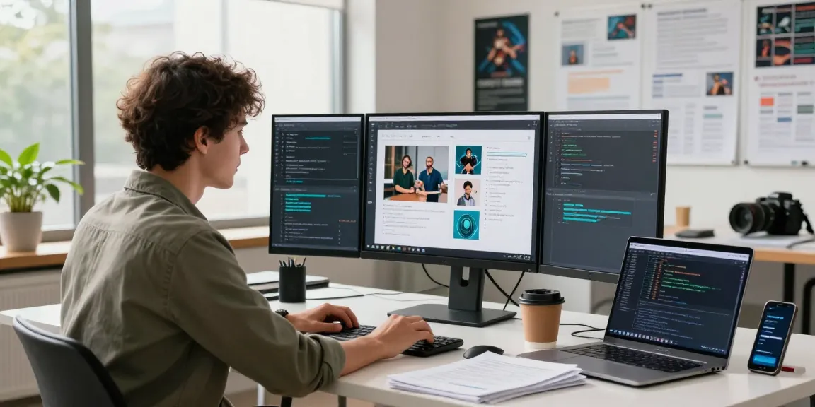 AI Detector in action at a modern workspace, analyzing AI-generated images with visual data on screens.