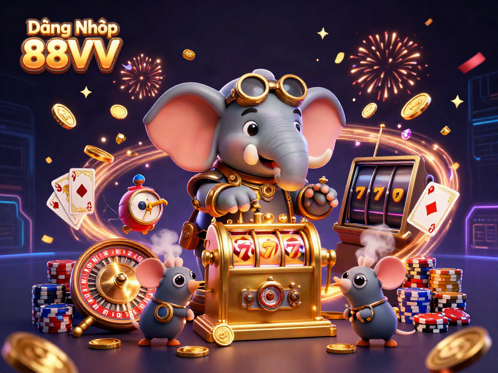 Spin the reels of excitement with Đăng Nhập 88VV in this vibrant online casino scene featuring steampunk characters.