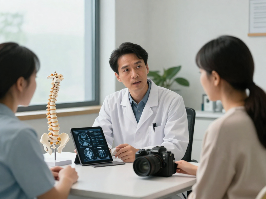 Boyun fıtığı ameliyatı consultation with a surgeon using MRI scans for patient education.