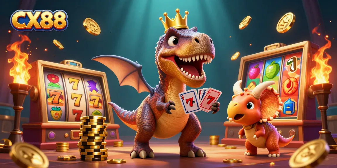 CX88 brings excitement as a colorful T-Rex shuffles cards with vibrant slot reels and golden chips.