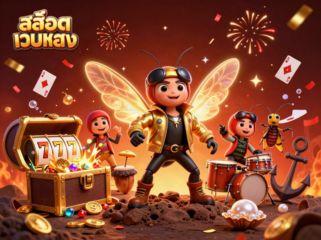 Play interactive slots with สล็อตเว็บตรง in a lively casino scene featuring energetic characters and vibrant backgrounds.