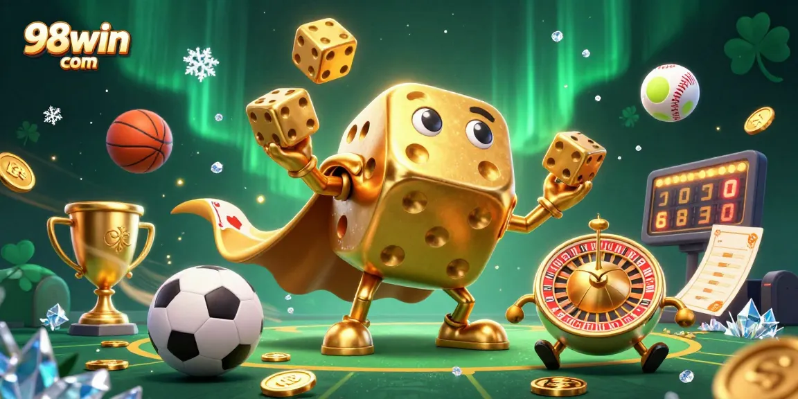 Engage with 98win com as golden dice and sports elements create a dynamic gambling scene.