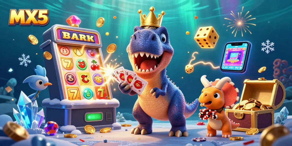 Experience vibrant entertainment at MX5 with a T-Rex, pterodactyl, and triceratops in a casino scene.