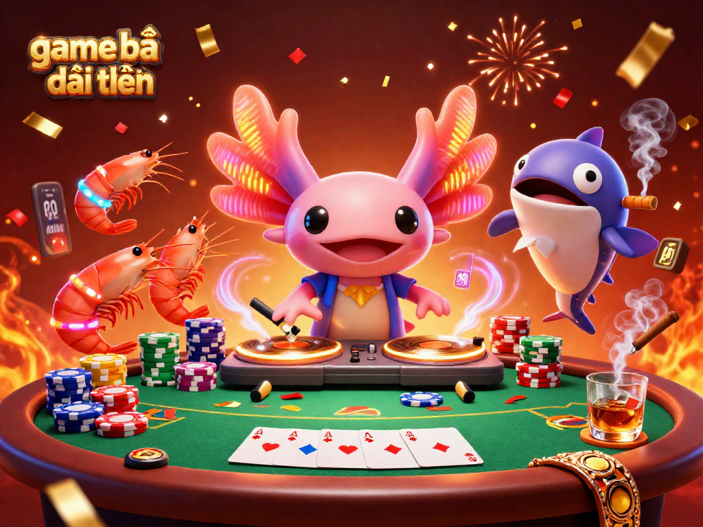 Immerse in the action of game bài đổi thưởng with a colorful 3D casino scene featuring energetic axolotl DJ, poker elements, and vibrant characters.