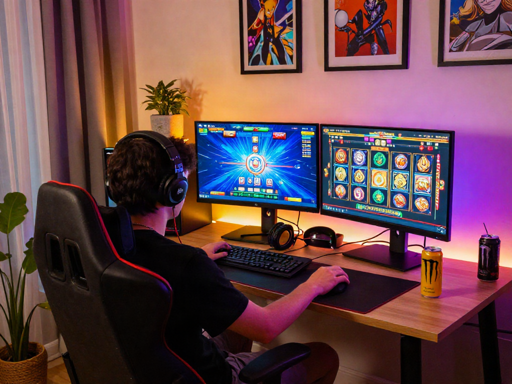 Exciting gaming scene showcasing situs slot gacor maxwin on a vibrant computer screen with gaming accessories.