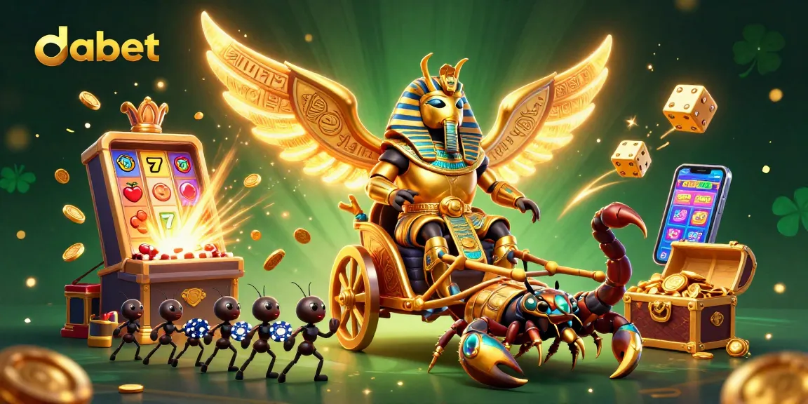 Engage in thrilling play at dabet with a vibrant casino scene featuring a golden scarab and slot machine!