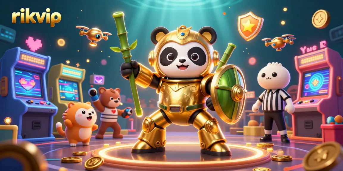 Engage with exciting gaming at rikvip featuring a golden panda in a mech suit amidst vibrant arcade elements.