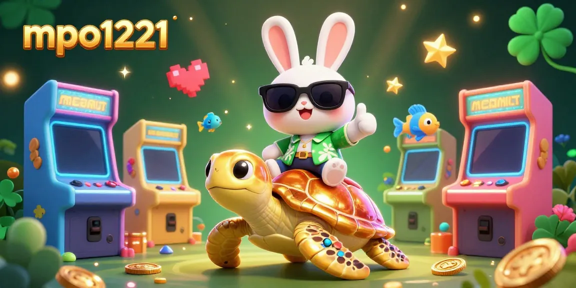 Play slots on mpo1221 with whimsical 3D rabbit and turtle illustration, celebrating gaming excitement.