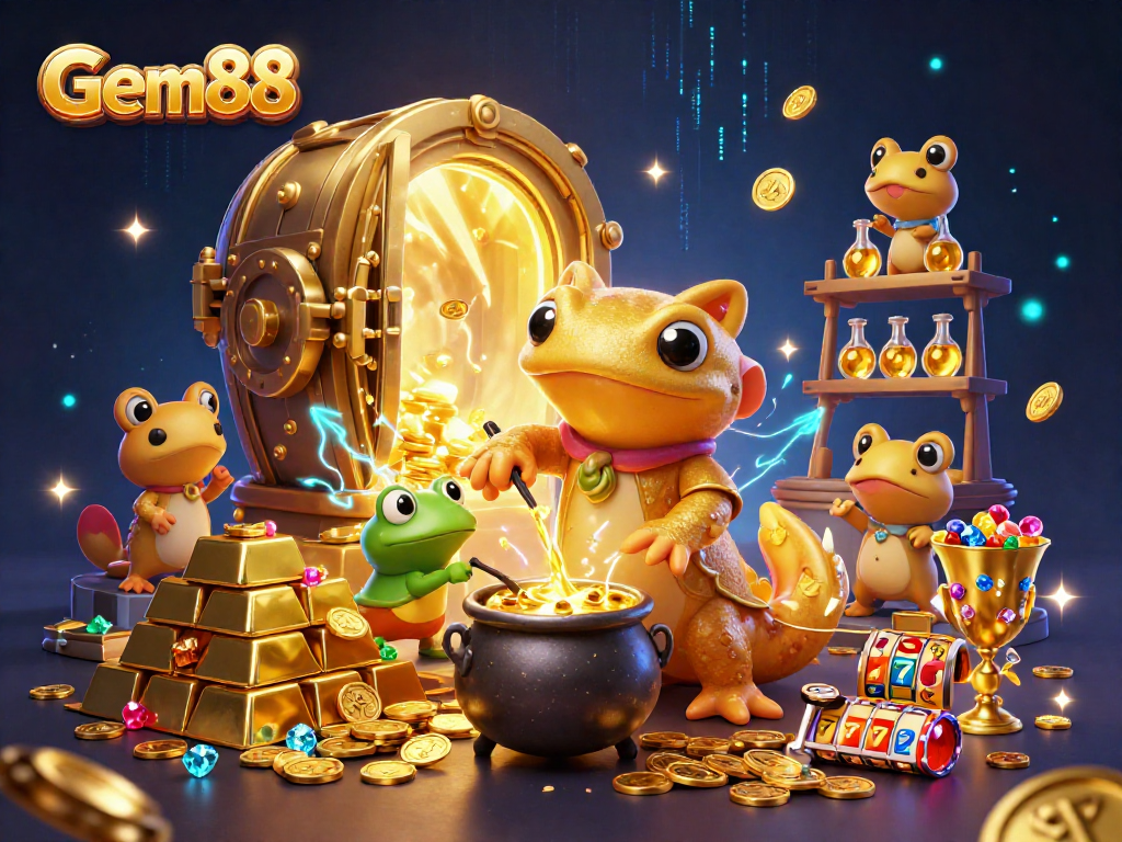 Experience Gem88's magical world of casino excitement with golden treasures and slot symbols.