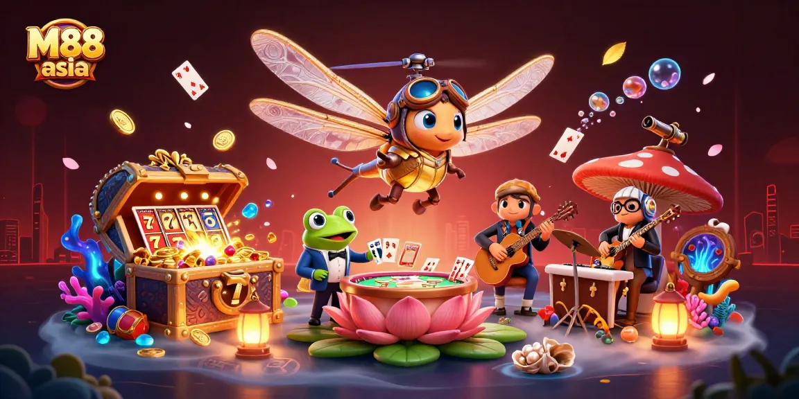 M88 asia players enjoy an exciting slot gaming experience at a vibrant lily pad casino.