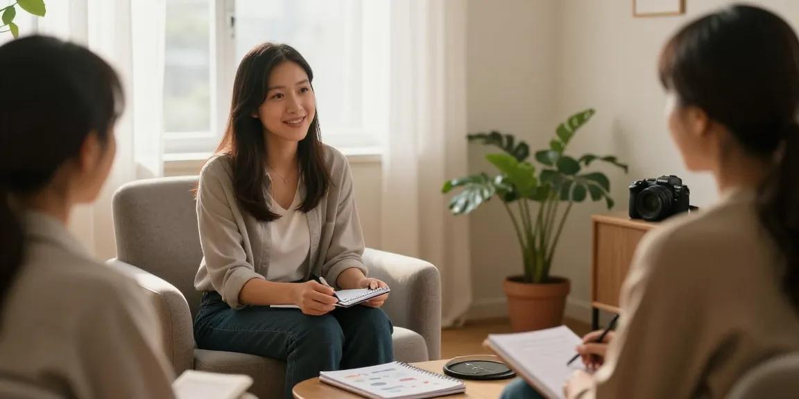 부평오피에서 편안한 상담 장면, 따뜻한 오후 빛 속의 치료사와 내담자 대화.