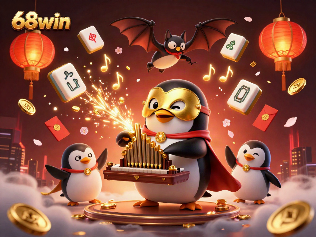 Experience the thrill of 68win with a vibrant 3D casino scene featuring coins and lucky symbols.