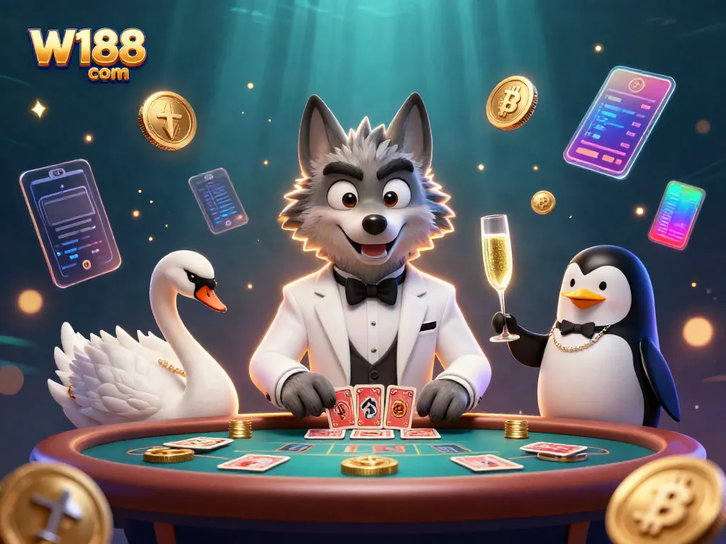 Experience exciting gameplay at W188 com with captivating characters featuring cryptocurrency elements and casino glamour.