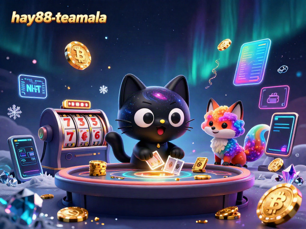 Experience the thrilling atmosphere of hay88-teamala with a cosmic cat and colorful fox in a vibrant casino scene.