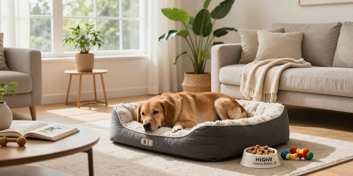 Calming Dog Treats near a relaxed dog in a cozy living room.
