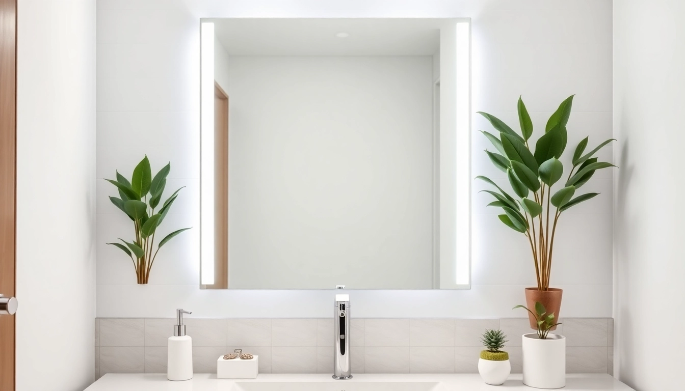 Enhance your beauty routine with this elegant led vanity mirror in a modern bathroom setting.