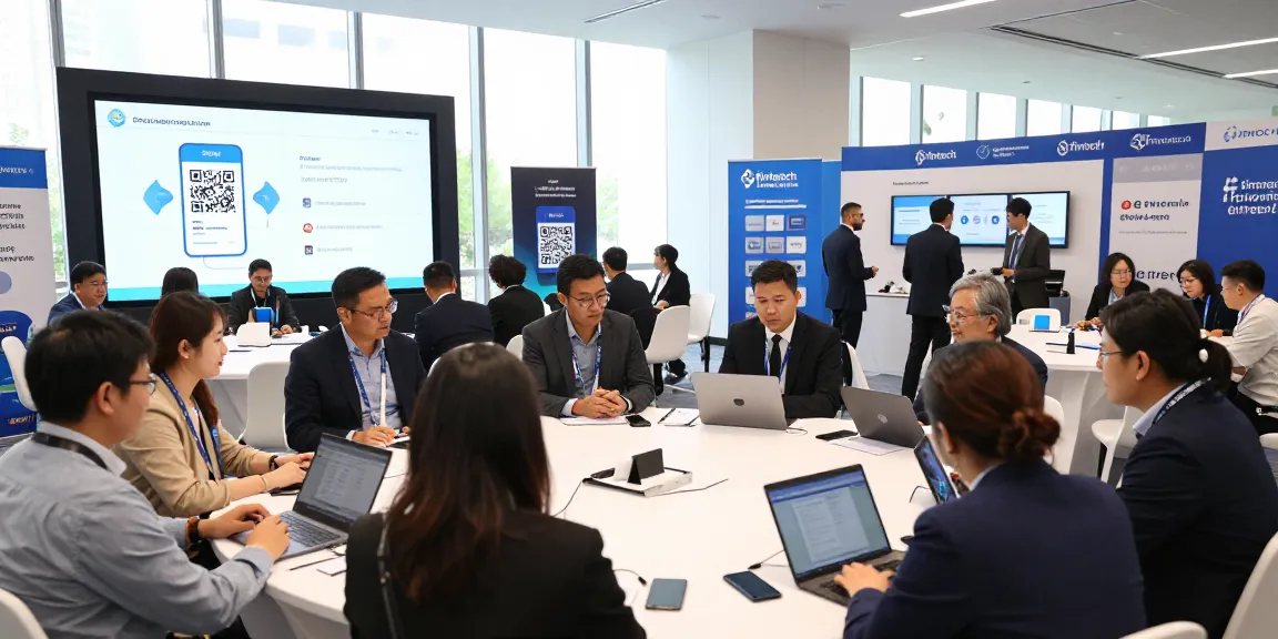Networking at a financial technology conference showcasing slot qris payment solutions.