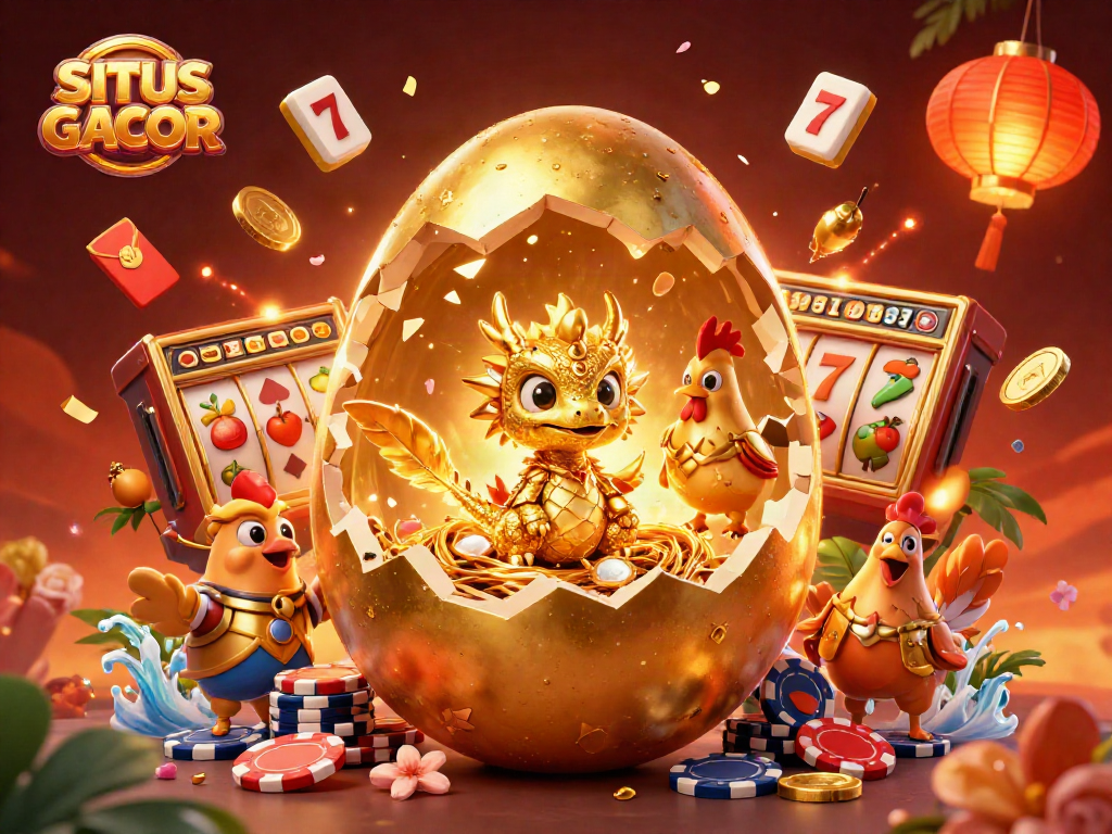 Engage with SITUS GACOR by observing a baby dragon atop poker chips in a vibrant casino scene.