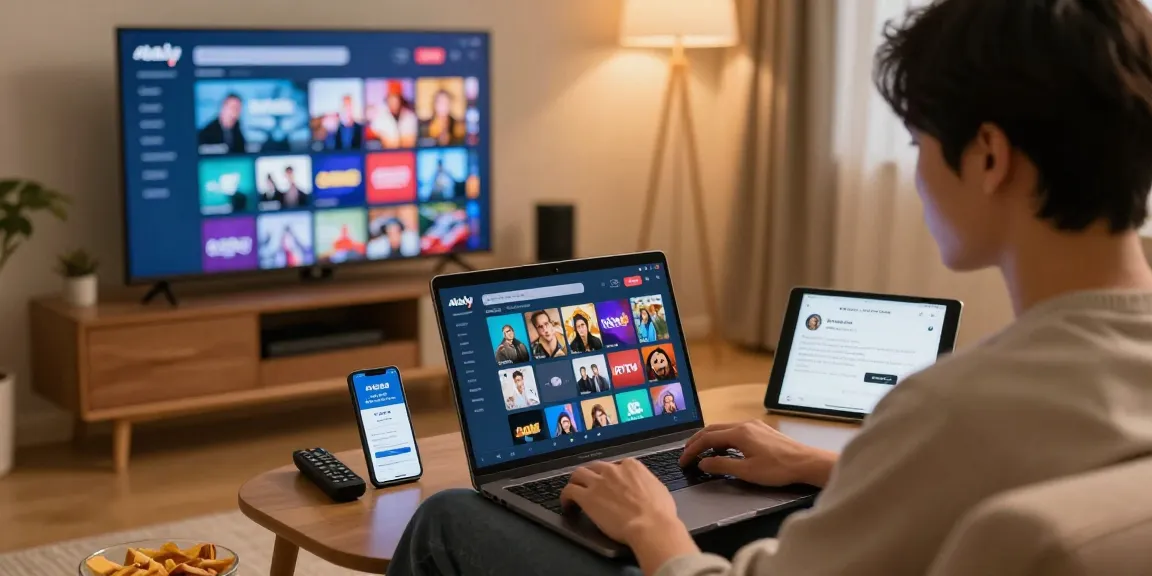 Enjoying atlas pro iptv on a laptop in a cozy home setting with vibrant channel options and ambient lighting.