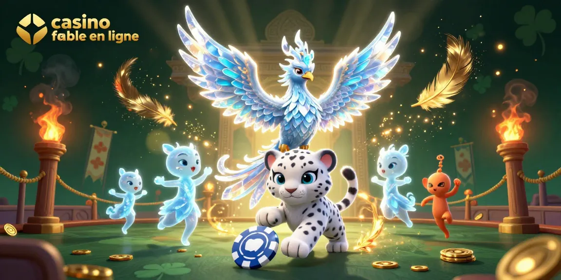 Jouez dans un casino fiable en ligne avec une illustration magique mettant en scène un phoenix de glace et un léopard des neiges.