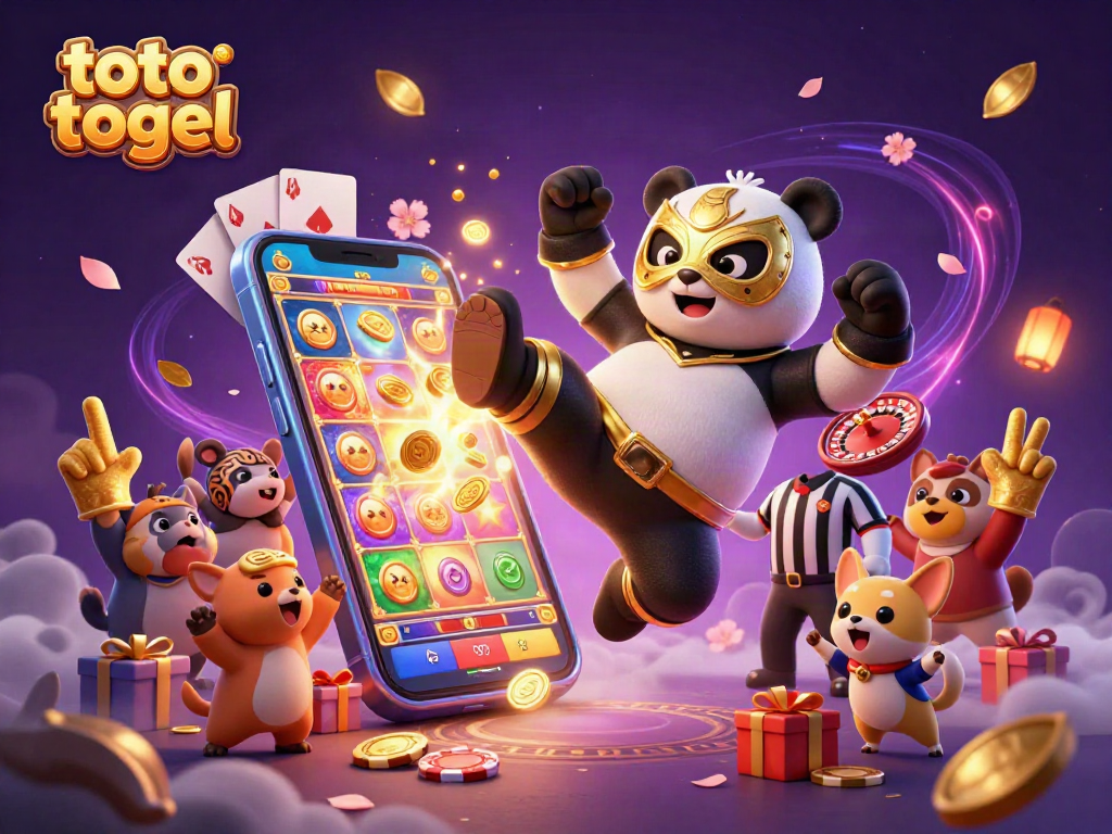 Engage in toto togel excitement with a 3D panda wrestler, vibrant slots, and cheering animal crowd.