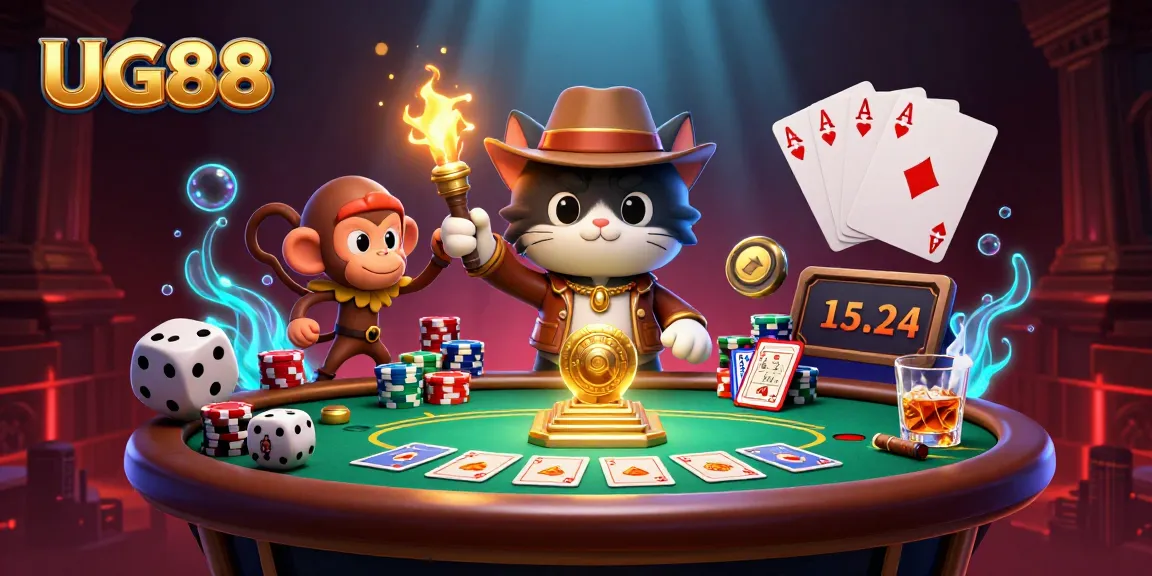 Experience the thrilling energy of UG88 as an explorer uncovers casino treasures amid vibrant gaming elements.